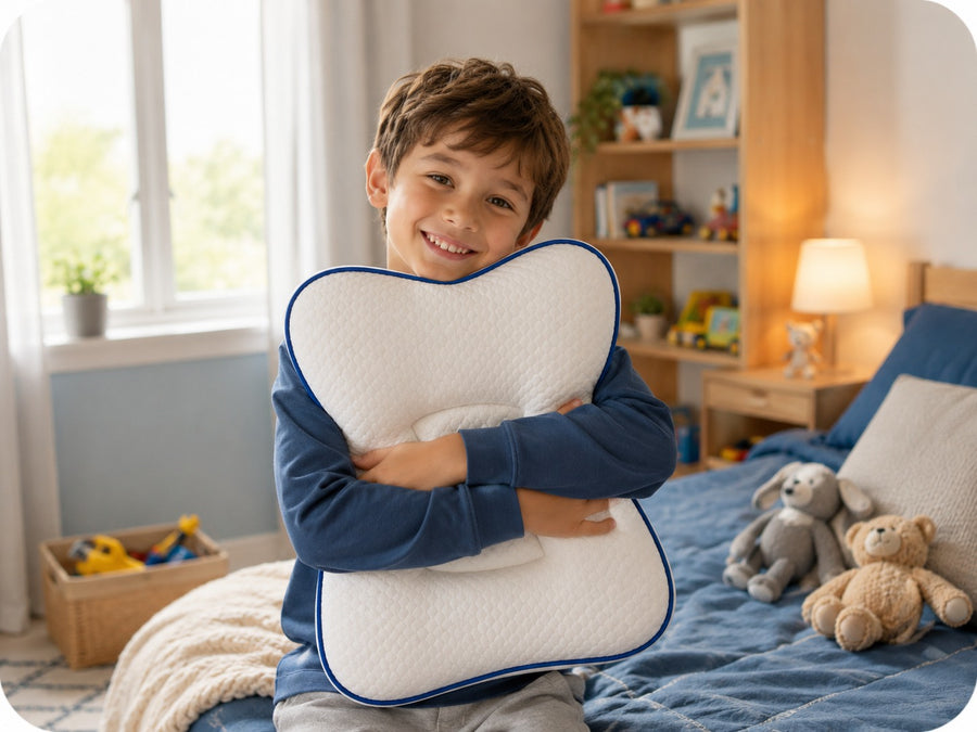 Niño sonriente abrazando su almohada Pioupiou en su habitación