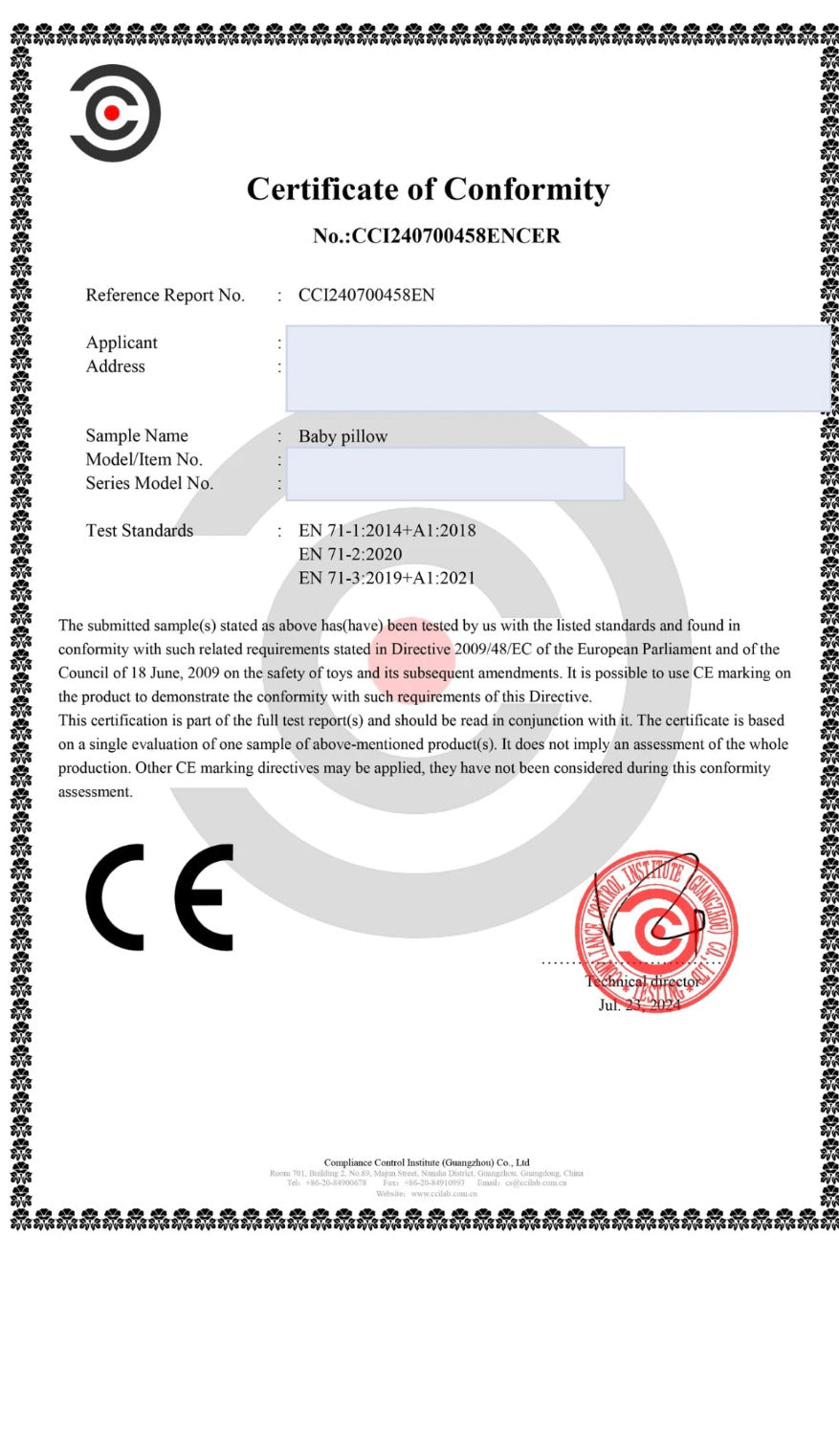 Certificado de conformidad EN 71 de la almohada Pioupiou