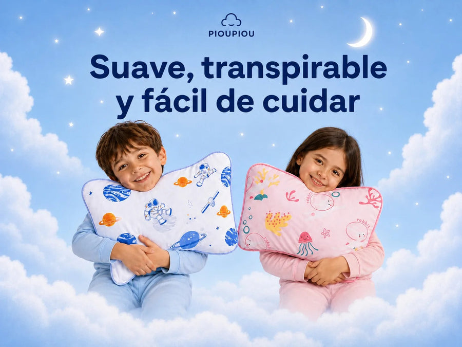 Dos niños presentando las fundas Espacio azul y Mar rosa