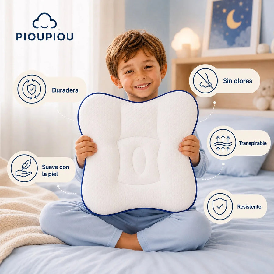 Niño con su almohada Pioupiou y las menciones Duradera, Sin olor, Transpirable, Suave con la piel y Resistente