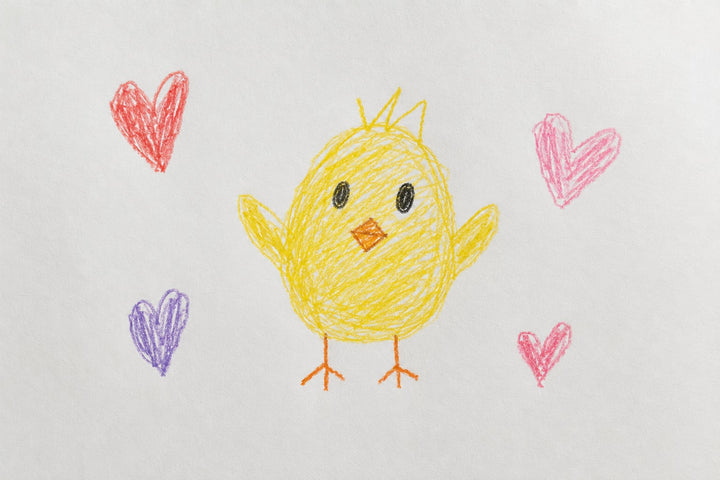 Dibujo a lápiz de Pioupiou rodeado de pequeños corazones.