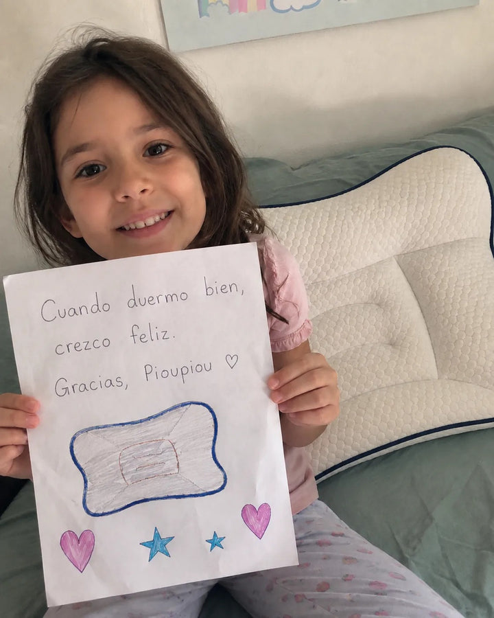 Dibujo de una niña con un mensaje de agradecimiento en español.
